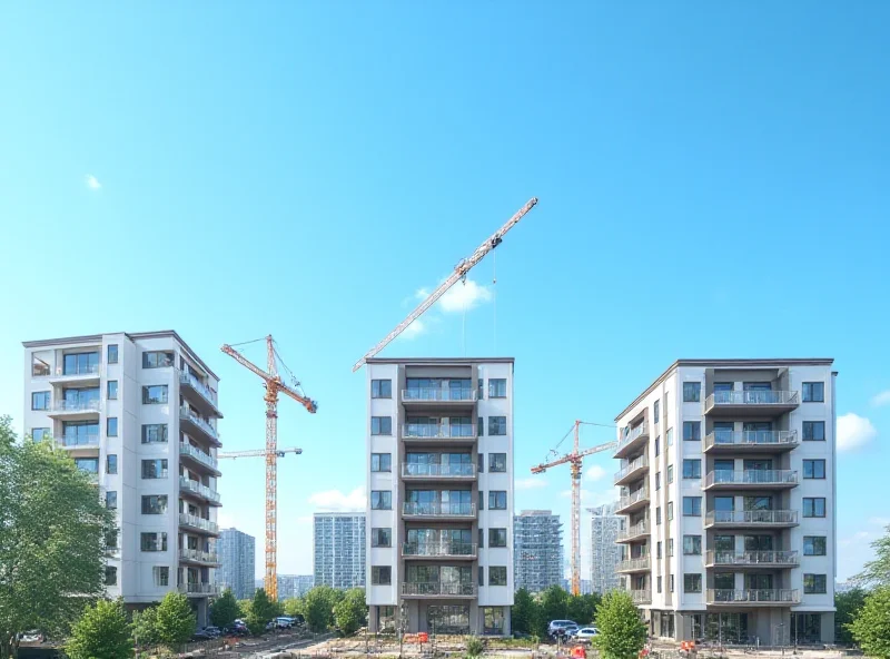 A modern cityscape with new residential buildings being constructed under a clear blue sky.