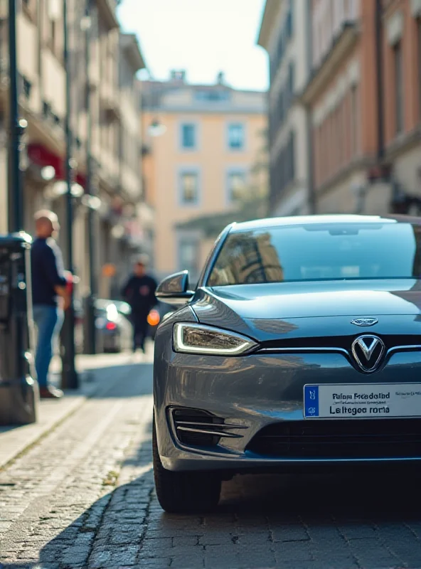 Um carro elétrico moderno estacionado em uma rua europeia.