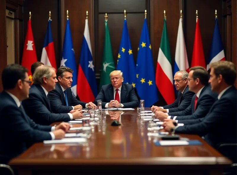 European leaders in a serious discussion around a table with flags of European countries in the background.