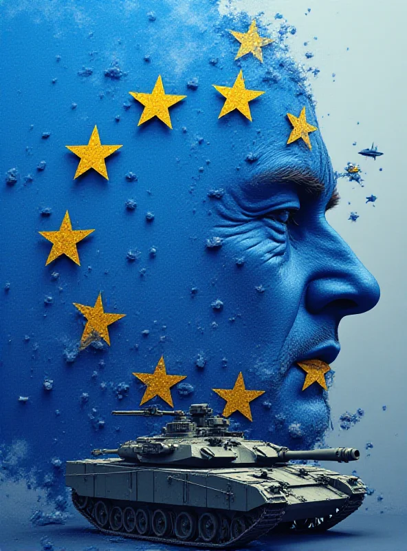 A digital illustration of a European flag transforming into military equipment, symbolizing the shift towards increased defense spending and capabilities.
