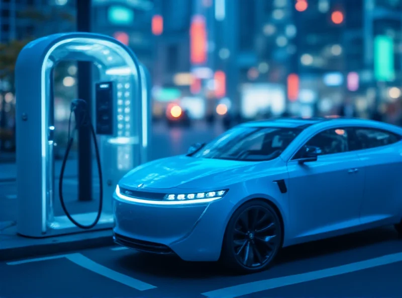 A modern electric car charging at a charging station in a city environment.
