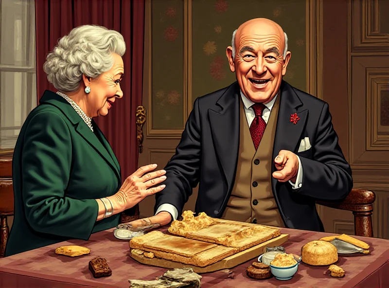 Illustration of Queen Elizabeth II cooking drop scones for Dwight D. Eisenhower at Balmoral Castle.