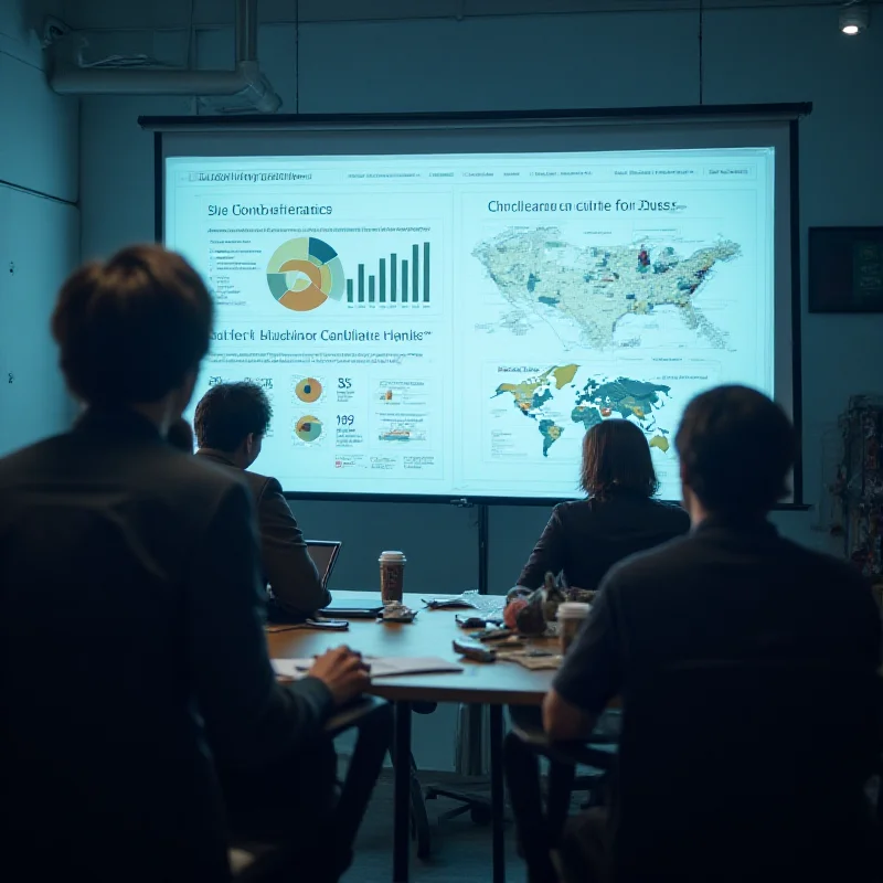 People discussing and analyzing data on a large screen, possibly related to PFAS contamination or drug use statistics.