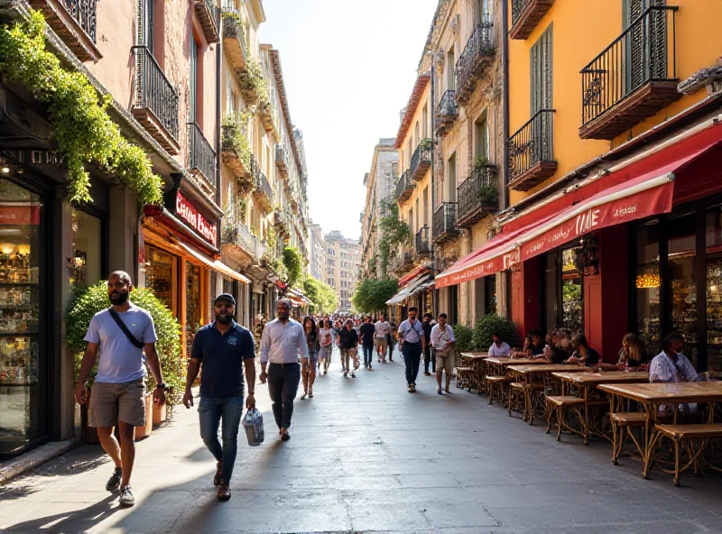 A vibrant street scene in Barcelona, Spain, with diverse people walking and enjoying the city, showcasing the multicultural aspect of the country and its openness to immigration.