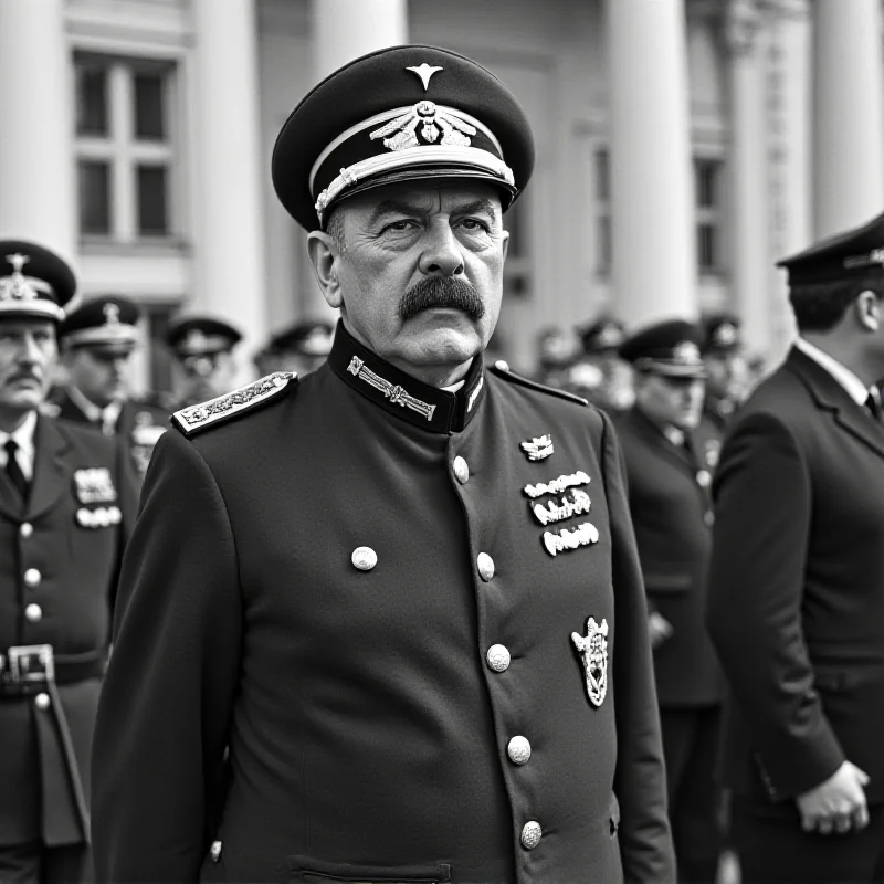 A historical photo of Benito Mussolini in a formal military uniform, looking stern and authoritative, emphasizing his dictatorial rule.