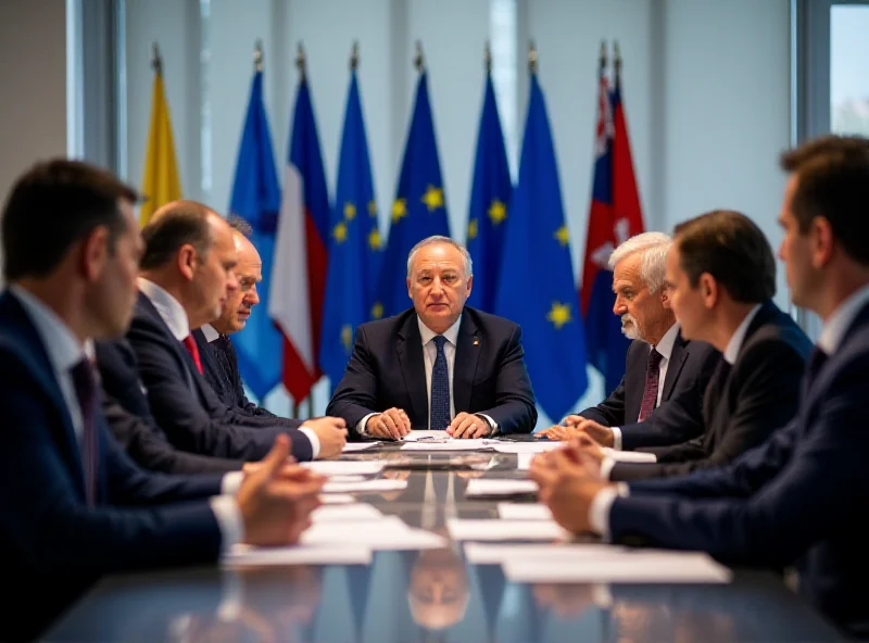 European leaders in discussion around a table with flags of European nations in the background.