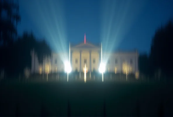 A blurred image of the White House at night with spotlights shining.