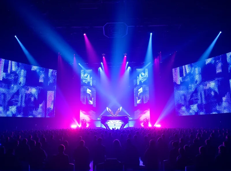 A vibrant and colorful stage design, suggesting a Eurovision performance setup.