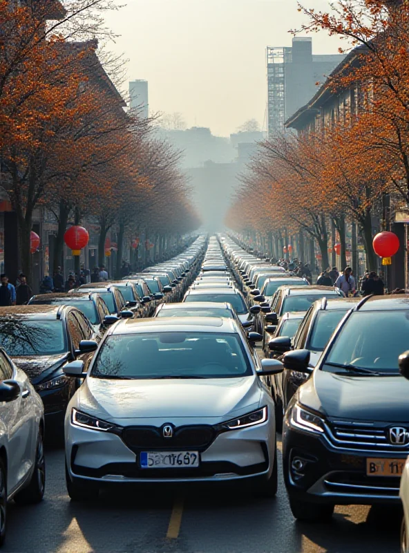 A crowded street scene in China with numerous electric vehicles, including models from BYD, Xiaomi, and Xpeng.