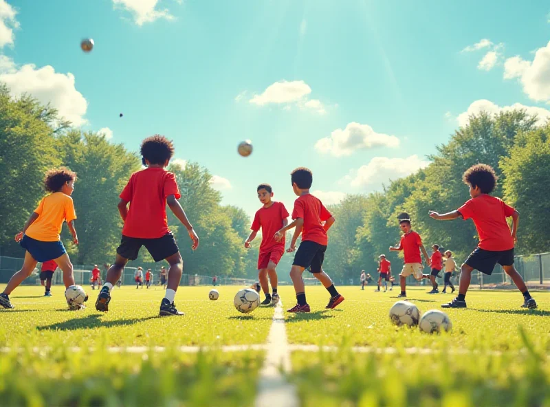 A diverse group of young athletes, both male and female, participating in various sports activities outdoors.