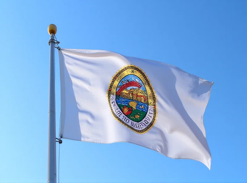 Minnesota state flag waving in the wind against a clear blue sky. The flag features the state seal with various symbols representing Minnesota's history and resources.