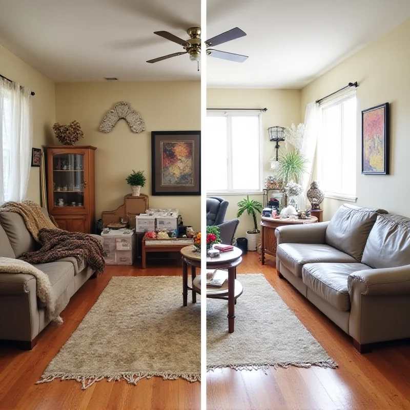 Before and after image of a decluttered living room