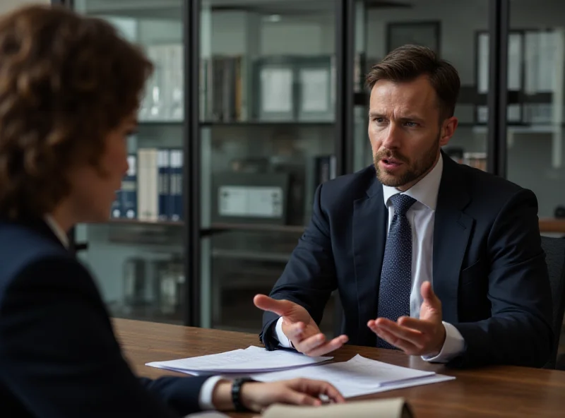 A lawyer explaining legal options to a client in an office setting.