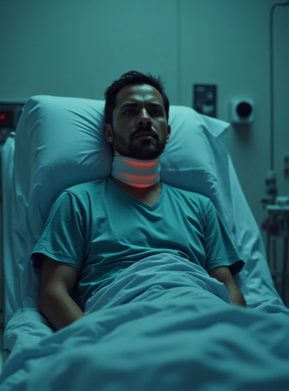 A person in a neck brace sitting in a hospital bed, looking concerned.