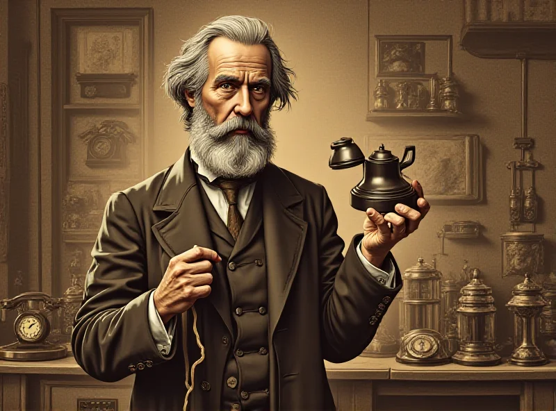 Illustration of Alexander Graham Bell holding a telephone.
