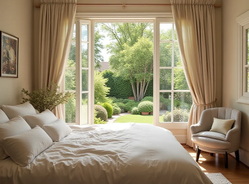 A bright and airy bedroom with a large window and a comfortable-looking bed.