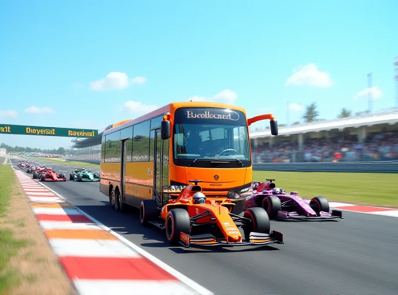 A brightly colored bus driving on a Formula 1 racetrack, with Formula 1 cars in the background.