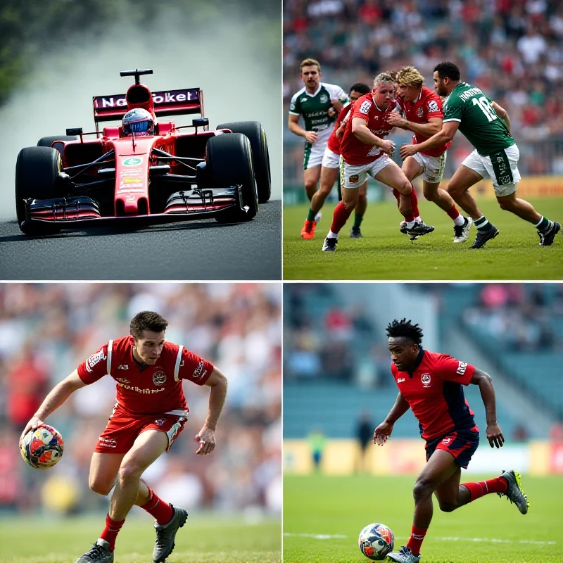 A diverse group of athletes participating in various sports, including Formula 1 racing, rugby, basketball, and football.