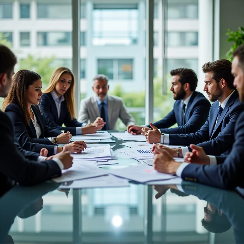 A group of business people in a meeting discussing financial reports.