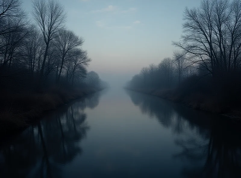 A somber landscape of a riverbank at dusk