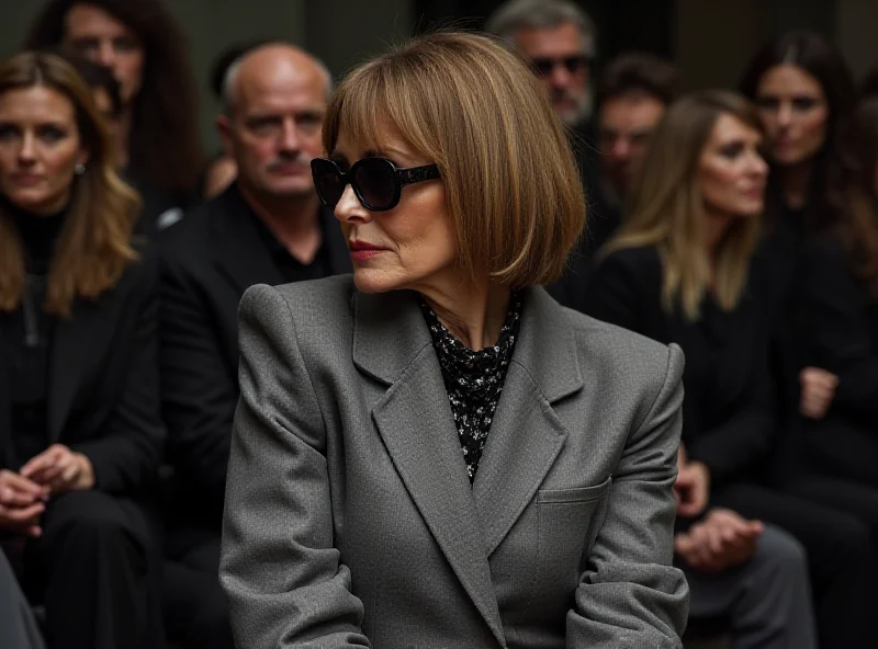 Anna Wintour wearing a grey Thom Browne coat and floral dress at a fashion show in Milan.