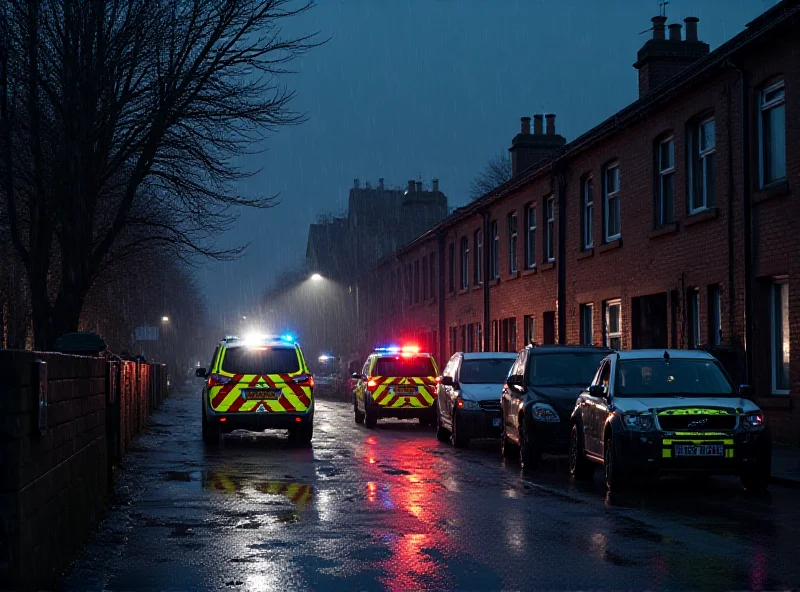A somber scene depicting a residential street in Bristol, England, with emergency vehicles parked outside an apartment building. The image conveys a sense of urgency and sadness following a tragic event.