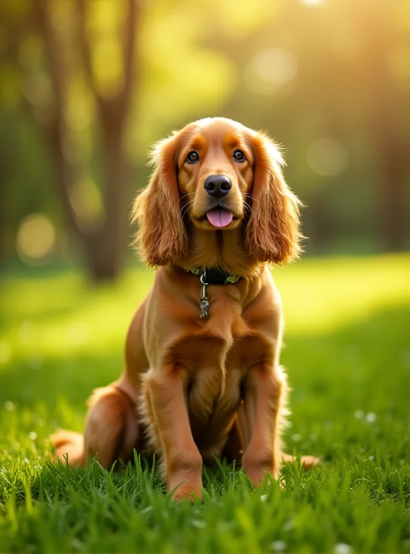 A golden cocker spaniel sitting patiently in a grassy park, looking attentively at the camera. The image evokes a sense of companionship and the joy of dog ownership, contrasted with the restrictions mentioned in the article.