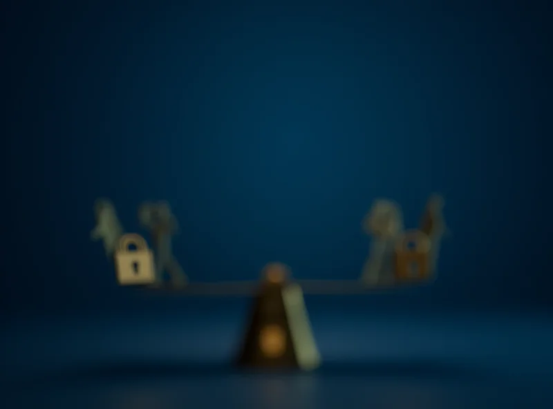 Conceptual image representing the balance between security and privacy, showing a scale with a lock representing security on one side and a silhouette of a person representing privacy on the other.