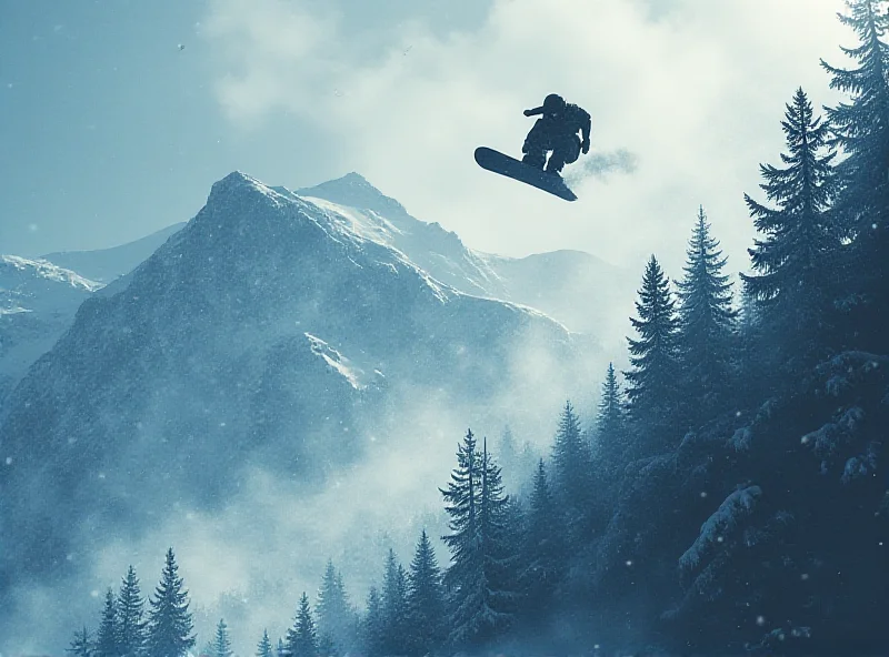 A dramatic image of a snowboarder silhouetted against a snowy mountain range, transitioning into an image of a gritty urban landscape with stacks of cash and illicit substances.