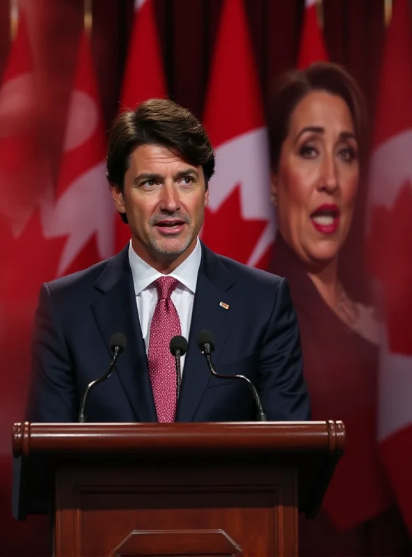 A split image, one side showing Justin Trudeau giving a speech, the other side showing various candidates vying for leadership of the Liberal Party in a debate setting.