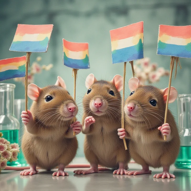 A humorous image depicting a group of laboratory mice wearing rainbow flags and holding protest signs, symbolizing the controversial research funding.