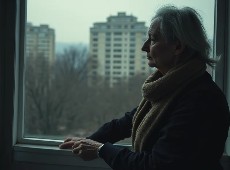A somber photograph of an elderly woman looking out her window in a Warsaw apartment building.