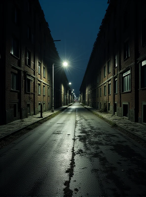 A nighttime photograph of an empty street in Warsaw, with streetlights casting long shadows. The atmosphere is unsettling and quiet.
