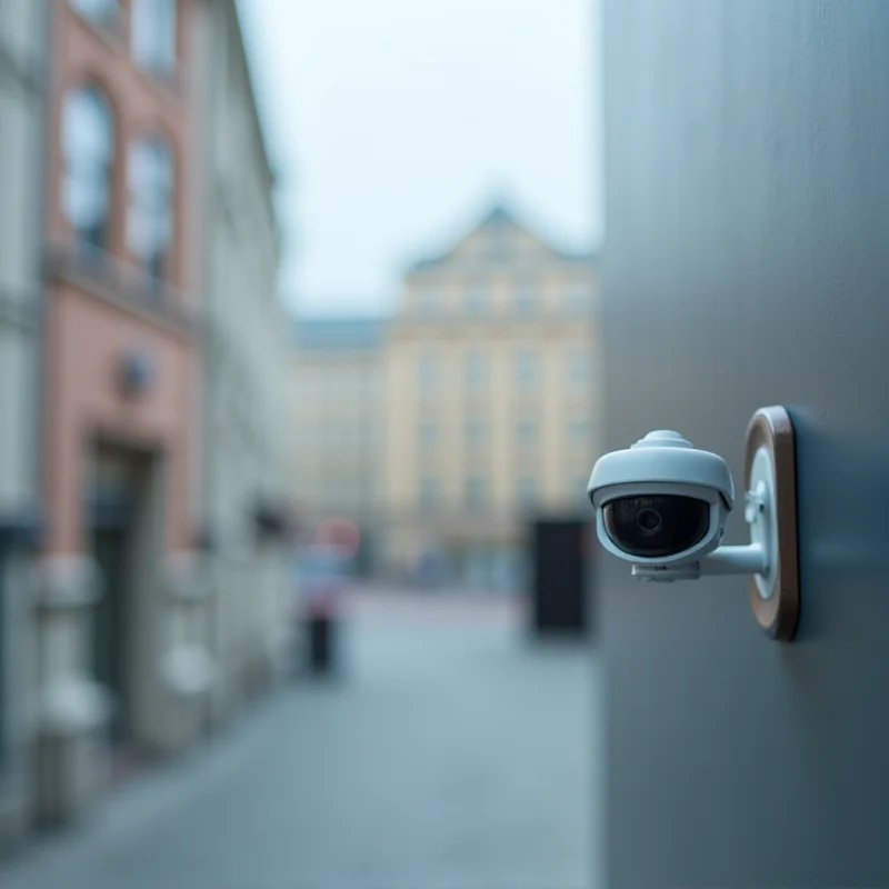 A close-up photograph of a security camera mounted on a building in Warsaw, with a blurred background of apartment buildings.