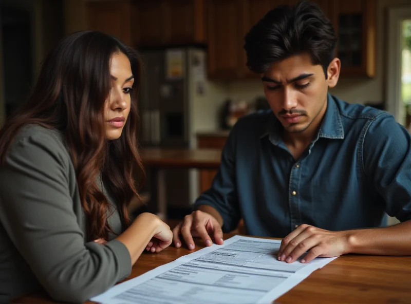 A worried parent helping their child with the FAFSA form at a kitchen table.