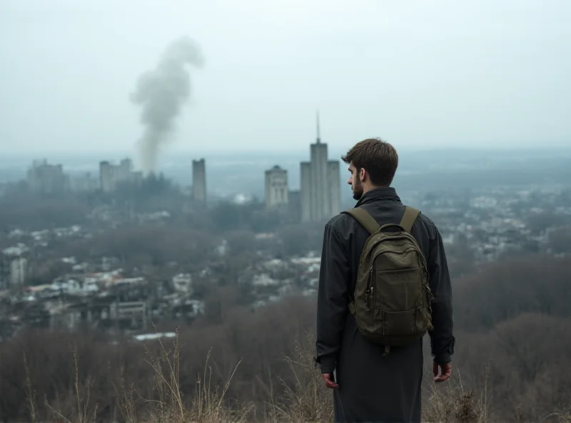 A young man looking back at the destroyed city of Mariupol, Ukraine.