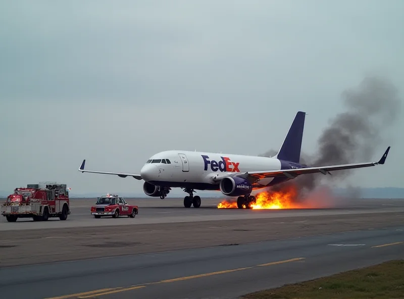 A FedEx cargo plane on the runway with fire coming from one engine