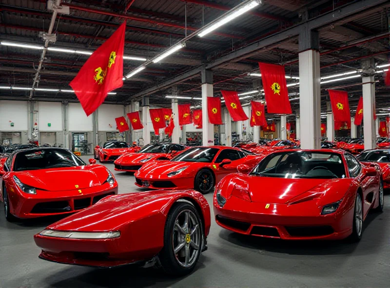 A panoramic view of the Ferrari factory in Maranello, Italy, with several Ferrari cars in production.