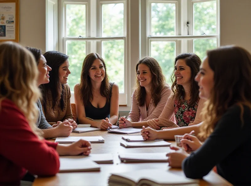 A diverse group of women writers engaged in a lively discussion during a workshop at a literary festival.