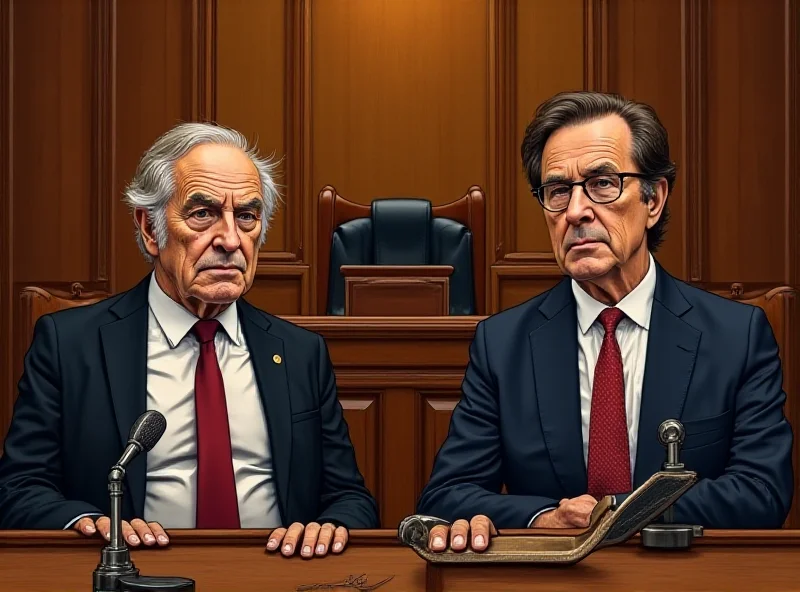 Illustration of Sepp Blatter and Michel Platini in a courtroom, looking concerned.