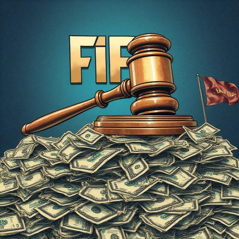 The FIFA logo with a gavel in the background and a pile of money in the foreground.