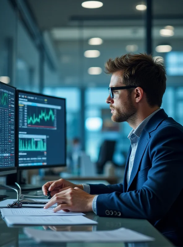 A financial analyst studying charts and graphs in a modern office.