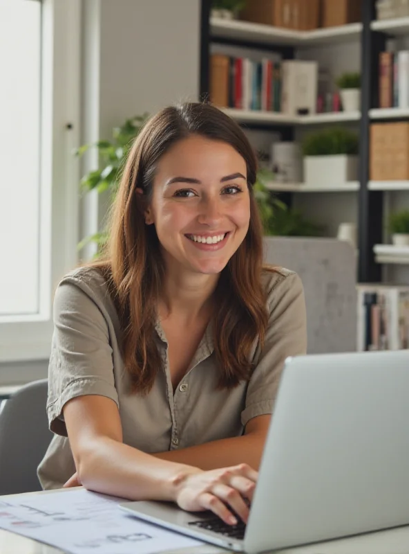 A woman working on her laptop from home, symbolizing financial independence.