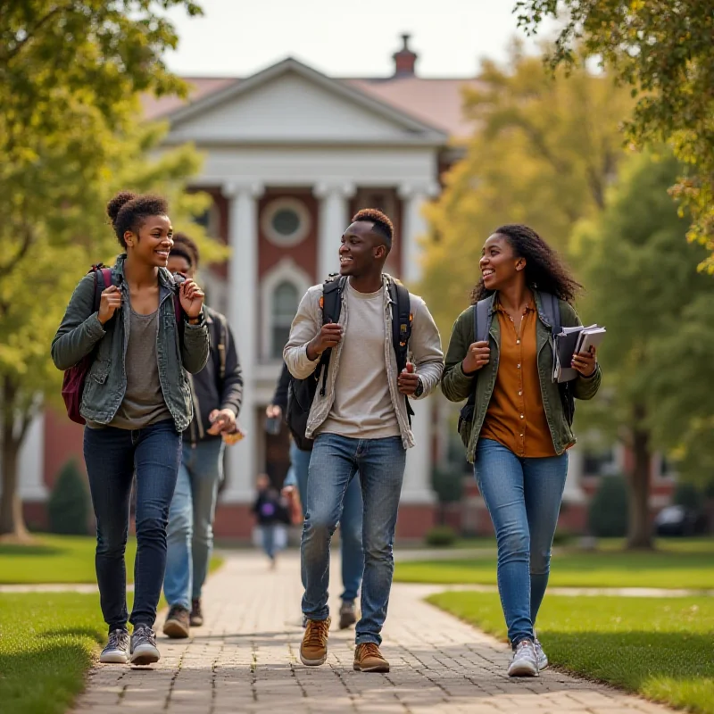 A group of diverse high school students walking on a college campus.