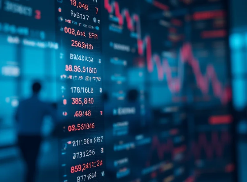 A close-up of a stock ticker displaying various stock symbols and prices.