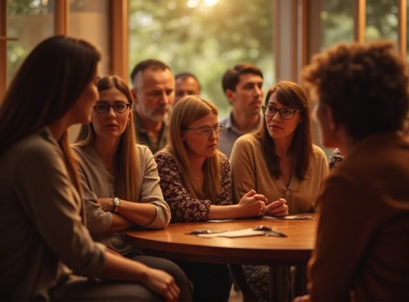 A diverse group of people gathered together in a warm, inviting space. They are engaged in conversation, listening attentively to each other and offering support and encouragement. The atmosphere is one of community, understanding, and shared experiences. Soft, natural lighting enhances the sense of connection and empathy.