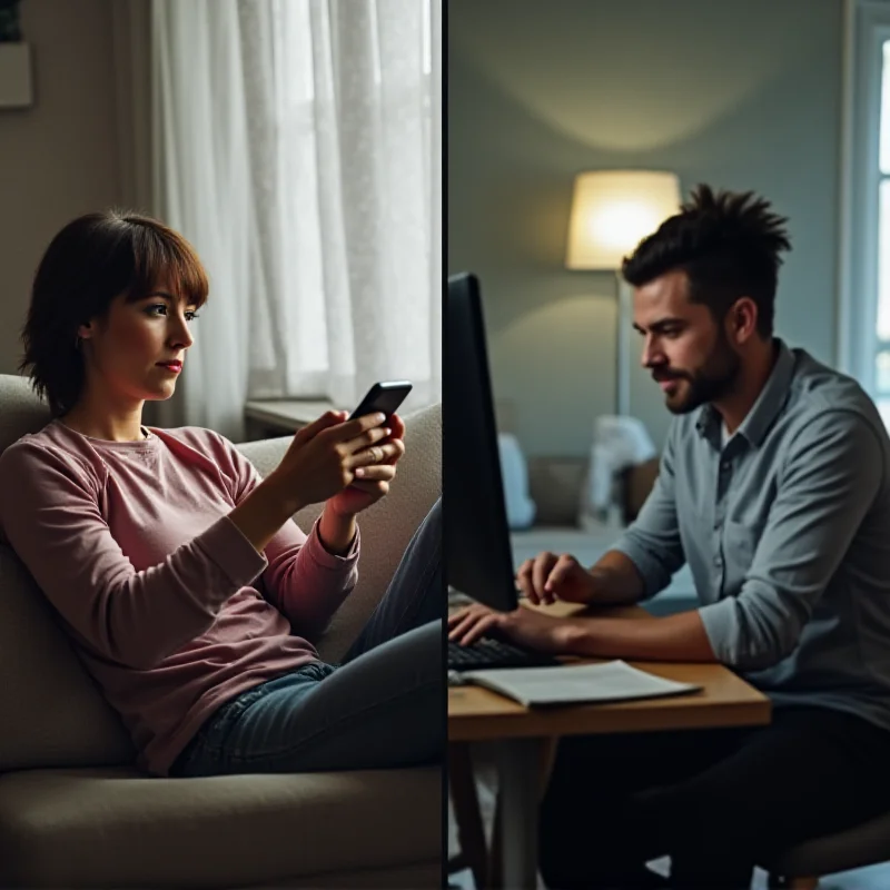 A split image showing a person using a smartphone on one side and a person working on a desktop computer on the other side.