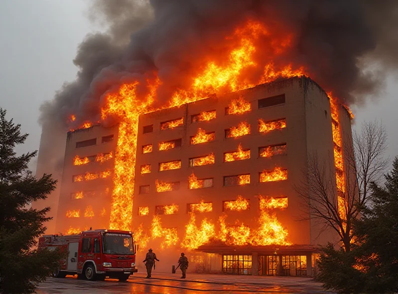 Flames engulfing a building, dark smoke rising, firefighters present.