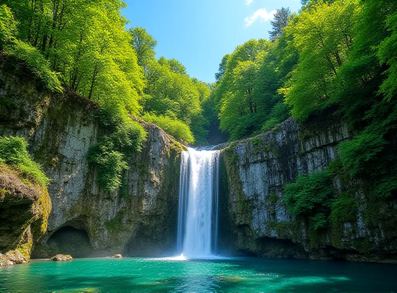 A scenic view of Slovak Paradise National Park, showcasing a waterfall cascading through a rocky gorge, lush green trees visible on either side.