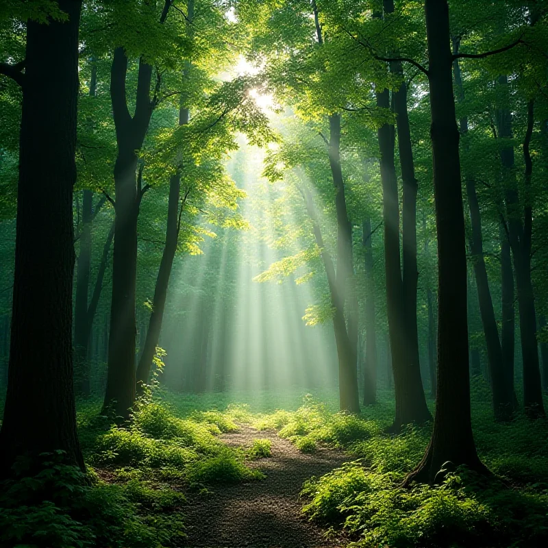 A wide shot of a dense forest with sun rays piercing through the canopy, creating a magical and serene atmosphere.
